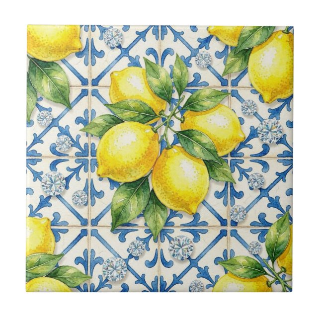 Seamless Pattern Lemons and Diamonds Ceramic Tile (Front)