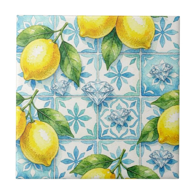Seamless Pattern Lemons and Diamonds Ceramic Tile (Front)