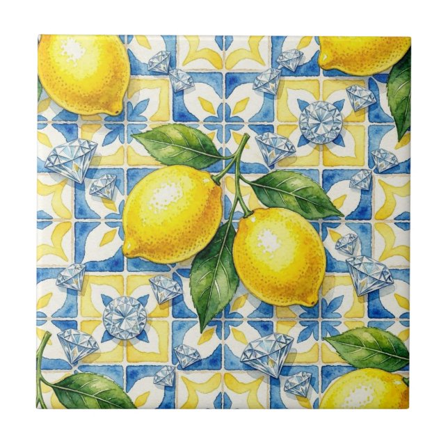 Seamless Pattern Lemons and Diamonds Ceramic Tile (Front)