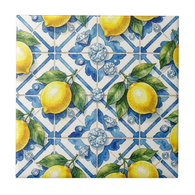 Seamless Pattern Lemons and Diamonds Ceramic Tile (Front)