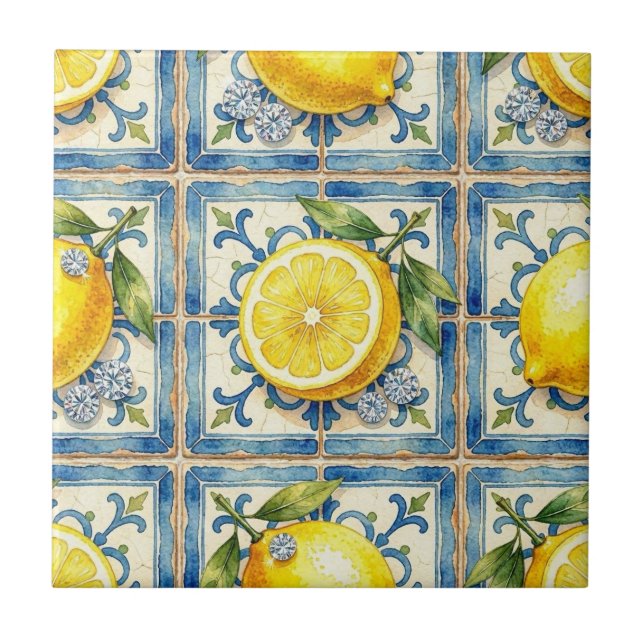 Seamless Pattern Lemons and Diamonds Ceramic Tile (Front)