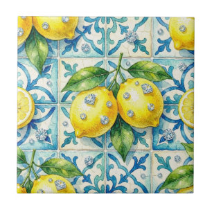 Seamless Pattern Lemons and Diamonds Ceramic Tile