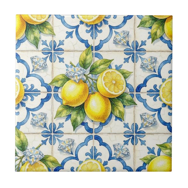 Seamless Pattern Lemons and Diamonds Ceramic Tile (Front)
