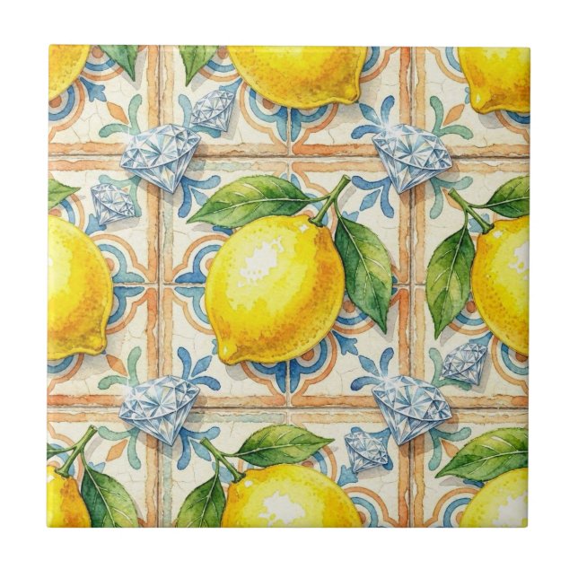 Seamless Pattern Lemons and Diamonds Ceramic Tile (Front)