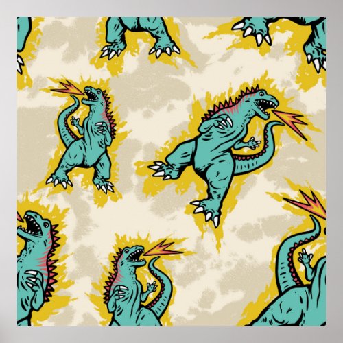 Seamless pattern of a Godzillas and tie dye backgr Poster