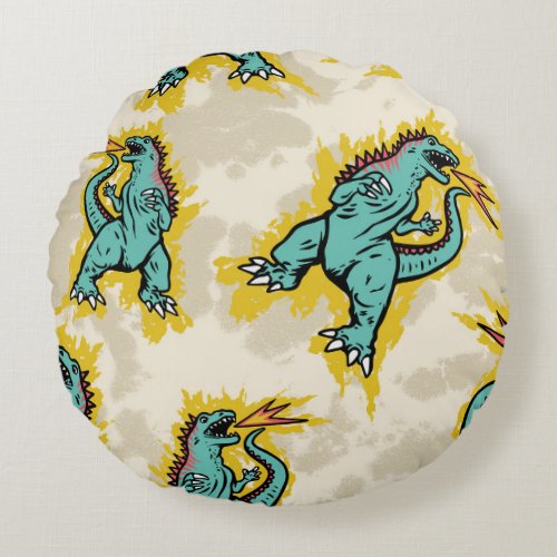 Seamless pattern of a Godzillas and tie dye backgr Round Pillow