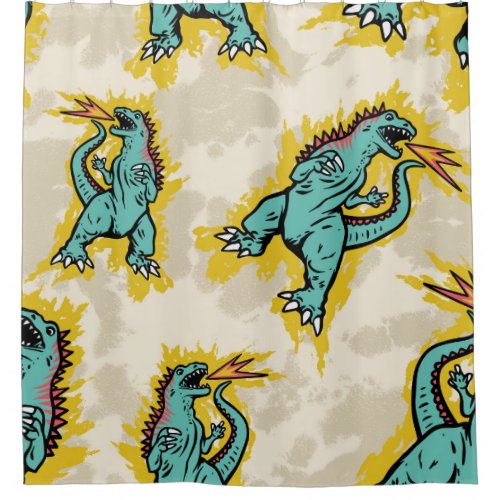 Seamless pattern of a Godzillas and tie dye backgr Shower Curtain