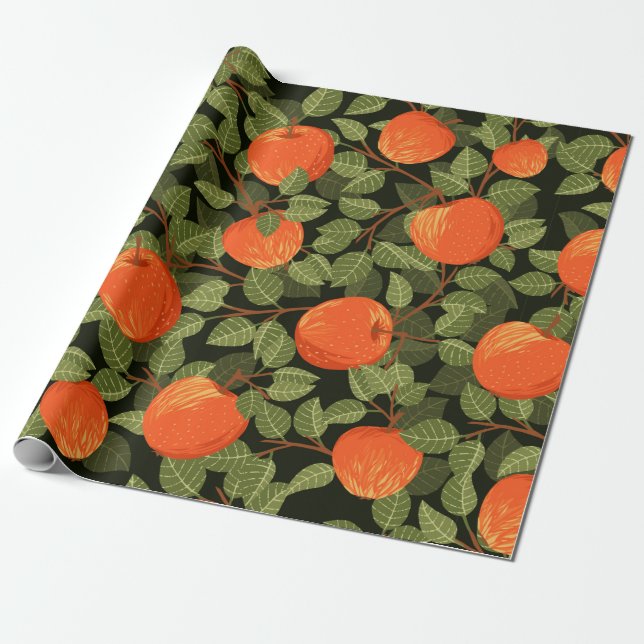 Seamless pattern of apples with green leaves flat  wrapping paper (Unrolled)