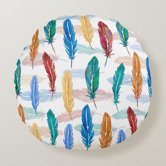 Seamless pattern of bright feathers painted in wat round pillow (Front)