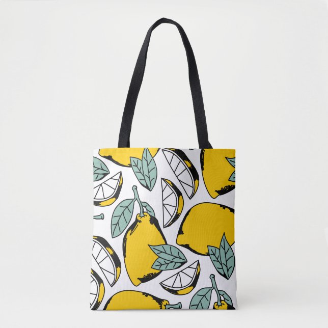 Seamless pattern of bright hand drawn lemons,halfs tote bag (Front)