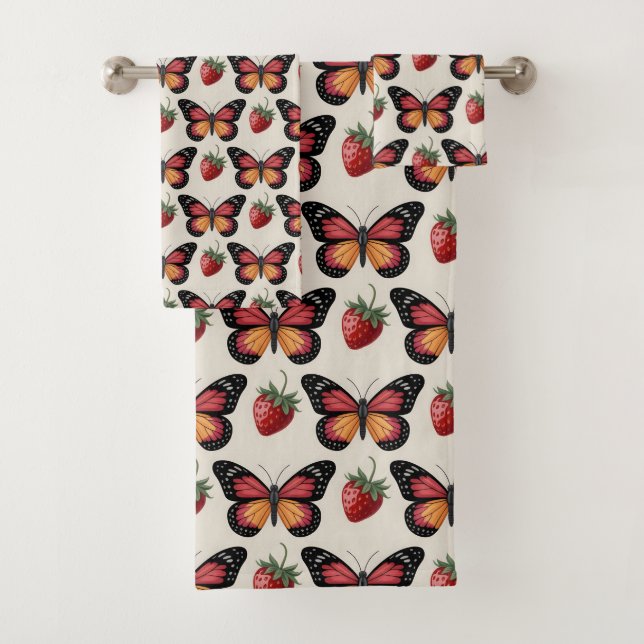 Seamless Pattern of Butterflies and Strawberries Bath Towel Set (Insitu)