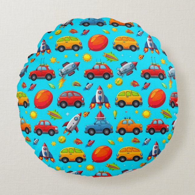 Seamless Pattern of Cars, Rockets, and Stars Round Pillow (Front)