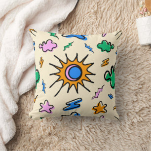 Seamless pattern of clouds, lightning, and sun throw pillow