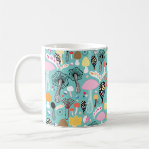 seamless pattern of colorful mushrooms on a green  coffee mug