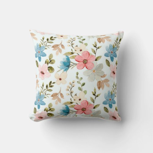 Seamless pattern of colorful watercolor wildflower throw pillow