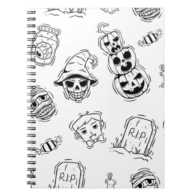 Seamless pattern of halloween icons with hand draw notebook (Front)