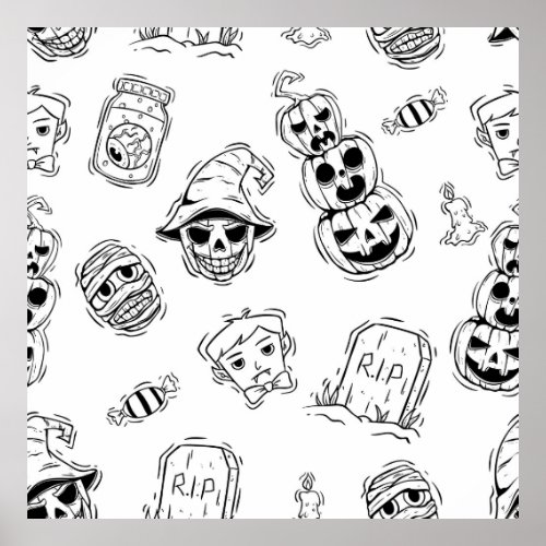 Seamless pattern of halloween icons with hand draw poster