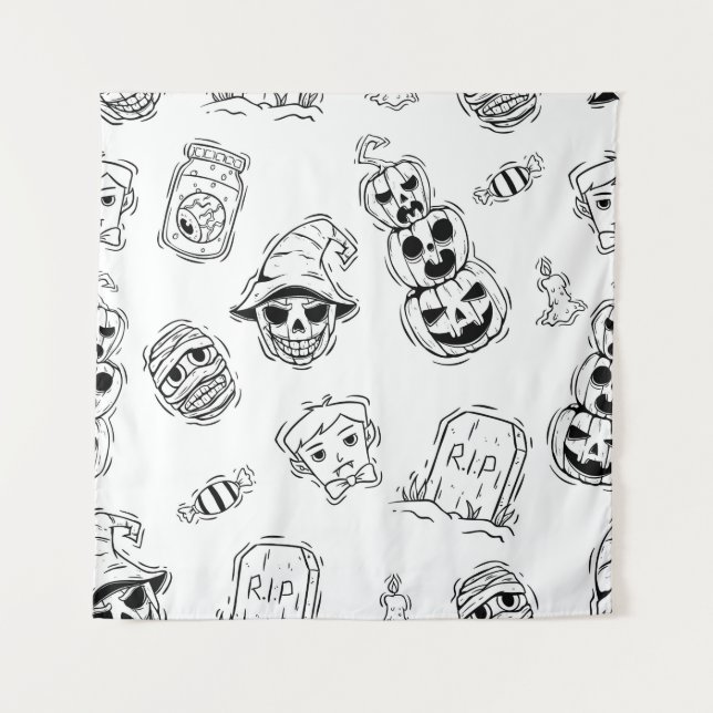 Seamless pattern of halloween icons with hand draw tapestry (Front)