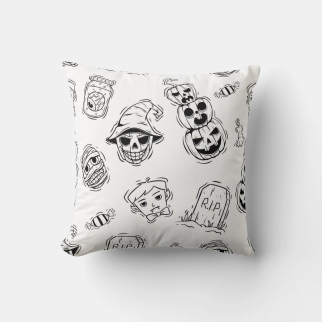 Seamless pattern of halloween icons with hand draw throw pillow (Front)