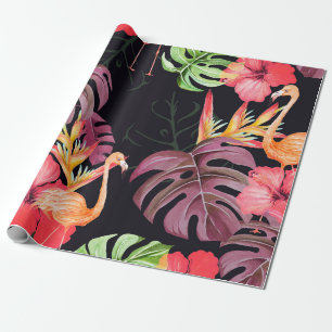 Seamless pattern of hibiscus flower, flamingos an wrapping paper