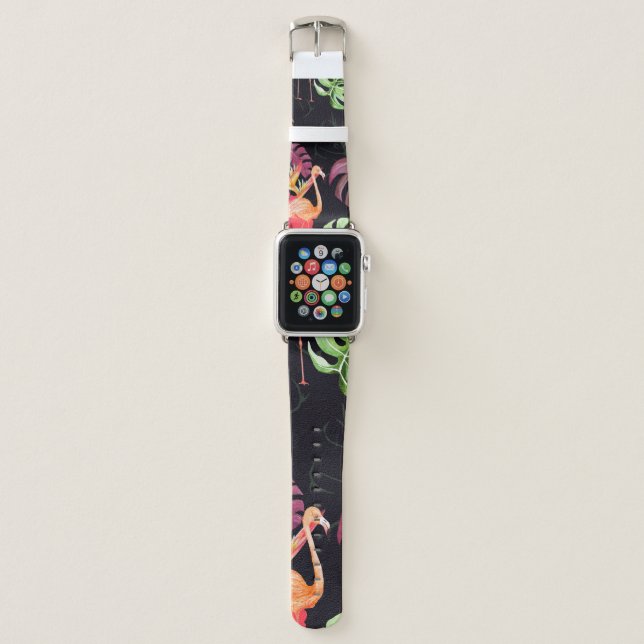 Seamless pattern of hibiscus flower, flamingos and apple watch band (Front)