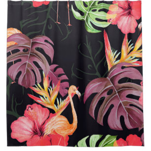 Seamless pattern of hibiscus flower, flamingos and shower curtain