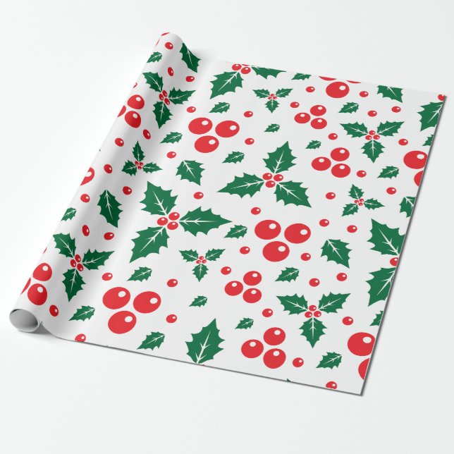 Seamless pattern of holly berry leaves wrapping paper (Unrolled)