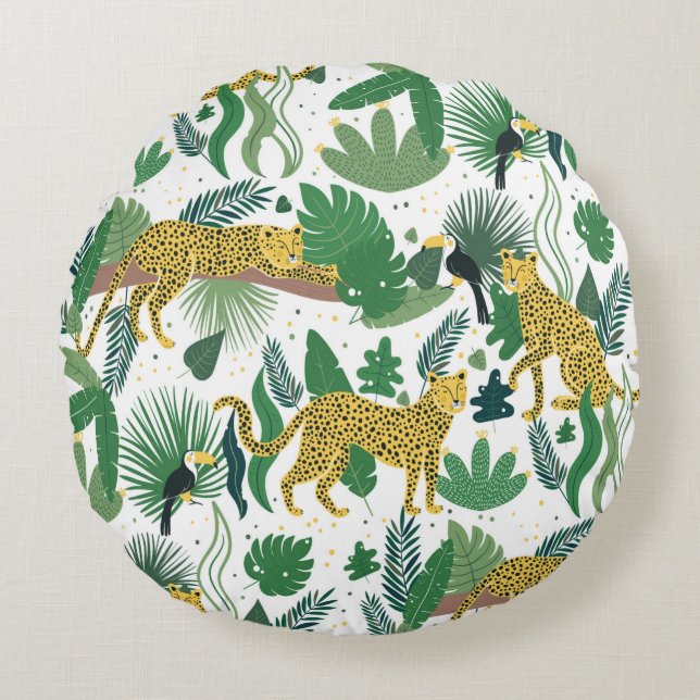 seamless pattern of leopards in jungle. Summer tro Round Pillow (Front)