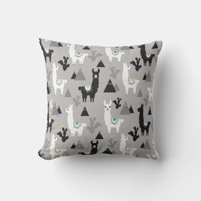 Seamless pattern of llama cactus and mountains throw pillow (Front)