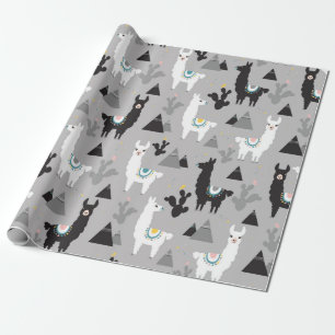 Seamless pattern of llama cactus and mountains wrapping paper