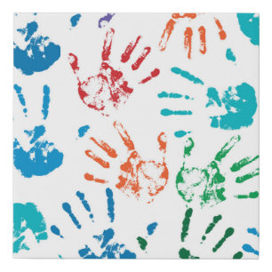 Seamless pattern of multicolored human hands on a faux canvas print