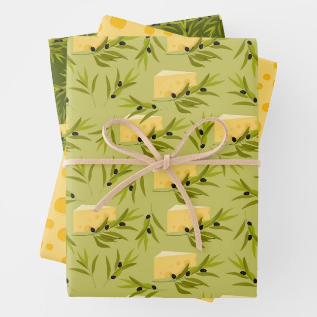 Seamless pattern of olive branches on a green back wrapping paper sheets (In situ)