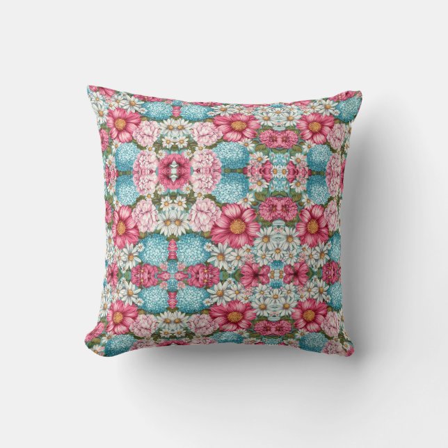  Seamless pattern of pink, blue, and white hydrang Throw Pillow (Front)