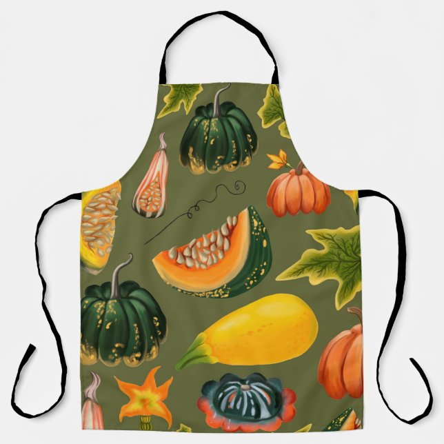 Seamless pattern of pumpkins and leaves on a green apron (Front)