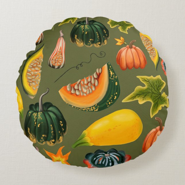 Seamless pattern of pumpkins and leaves on a green round pillow (Front)