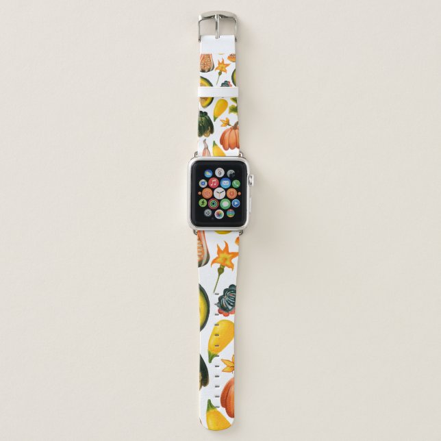 Seamless pattern of pumpkins and leaves on an isol apple watch band (Front)