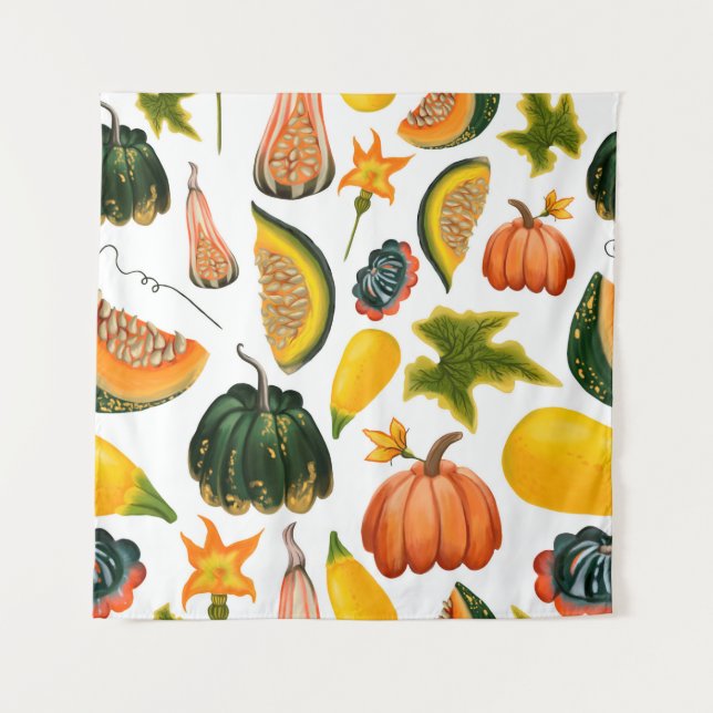 Seamless pattern of pumpkins and leaves on an isol tapestry (Front)