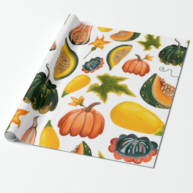 Seamless pattern of pumpkins and leaves on an isol wrapping paper (Unrolled)