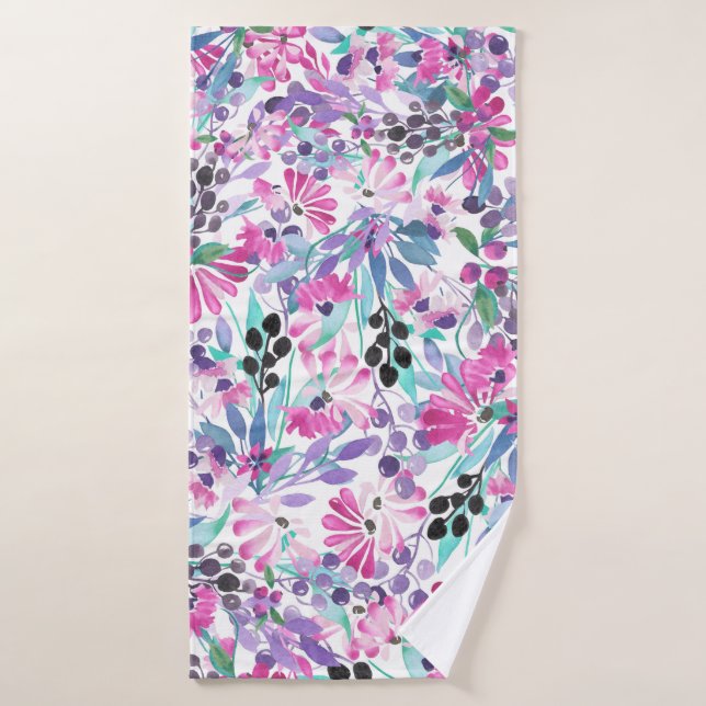 Seamless pattern of purple flowers and berries,blu bath towel (Bath Towel)