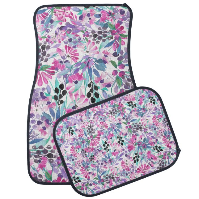 Seamless pattern of purple flowers and berries,blu car floor mat (Set)