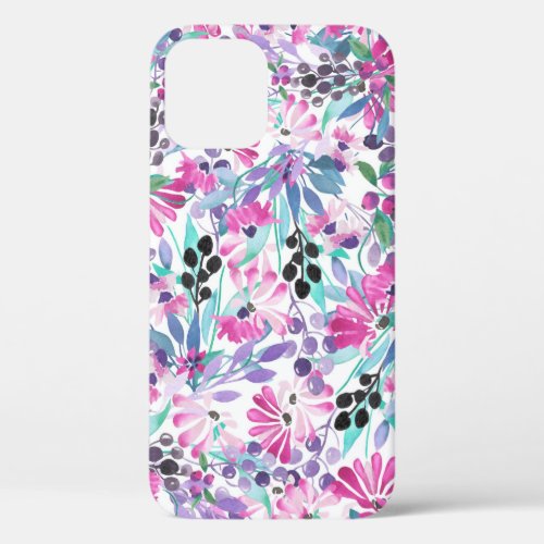 Seamless pattern of purple flowers and berriesblu iPhone 12 case