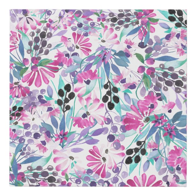Seamless pattern of purple flowers and berries,blu faux canvas print (Front)