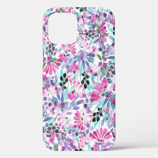 Seamless pattern of purple flowers and berries,blu iPhone 12 case