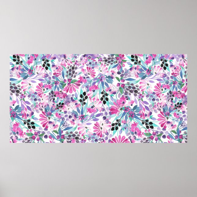 Seamless pattern of purple flowers and berries,blu poster (Front)