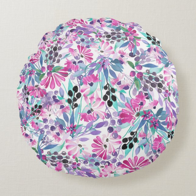 Seamless pattern of purple flowers and berries,blu round pillow (Front)