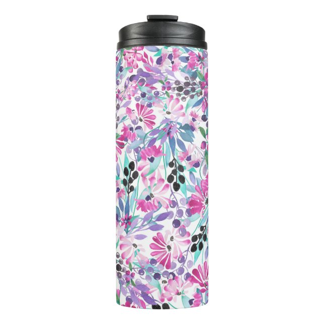 Seamless pattern of purple flowers and berries,blu thermal tumbler (Front)