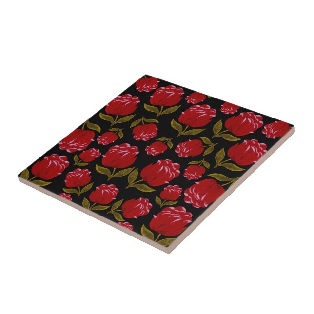 Seamless pattern of red roses on black background ceramic tile (Side)