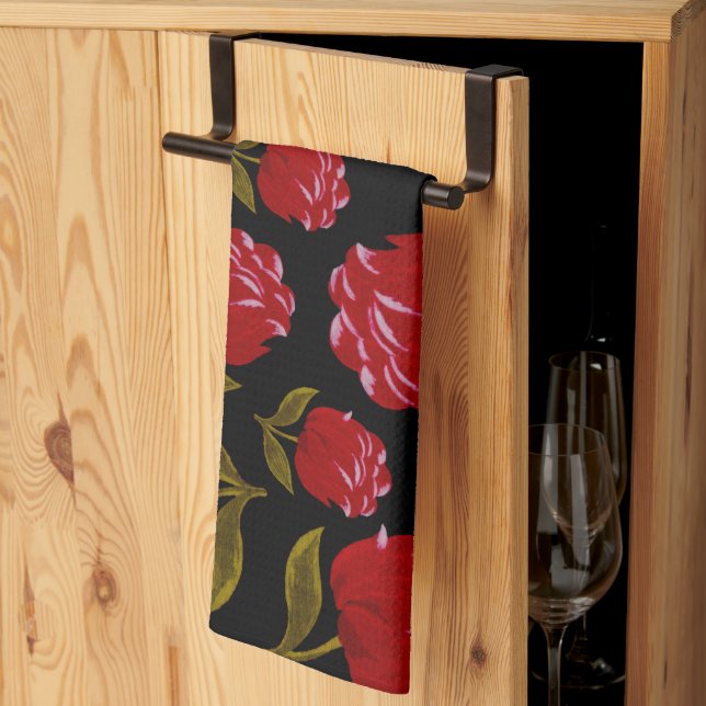 Seamless pattern of red roses on black background kitchen towel (Thirds Fold)