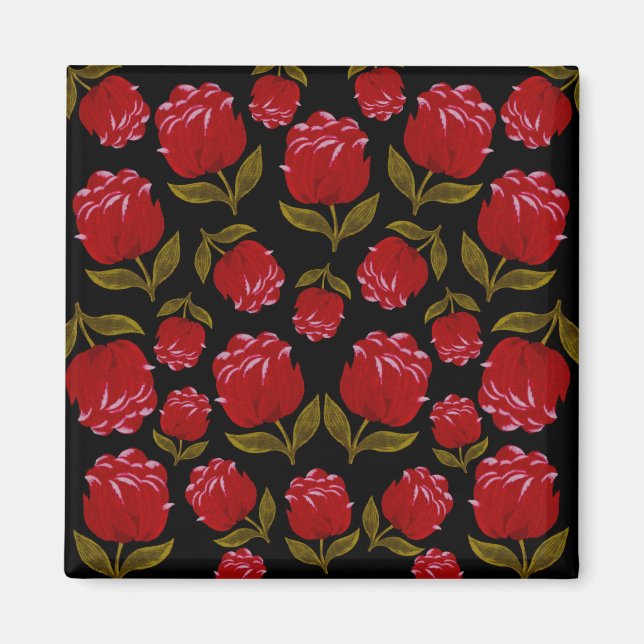 Seamless pattern of red roses on black background magnet (Front)