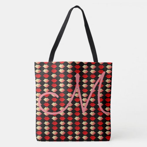 seamless pattern of reddish lips with initial tote bag